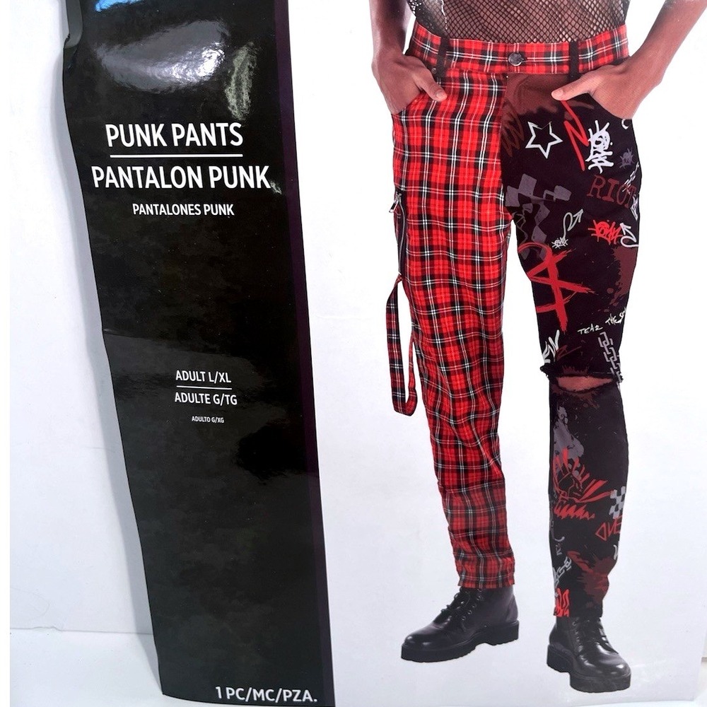 NWT Mens Punk Pants L/XL Red Plaid Graffiti Halloween Costume Rocker Goth